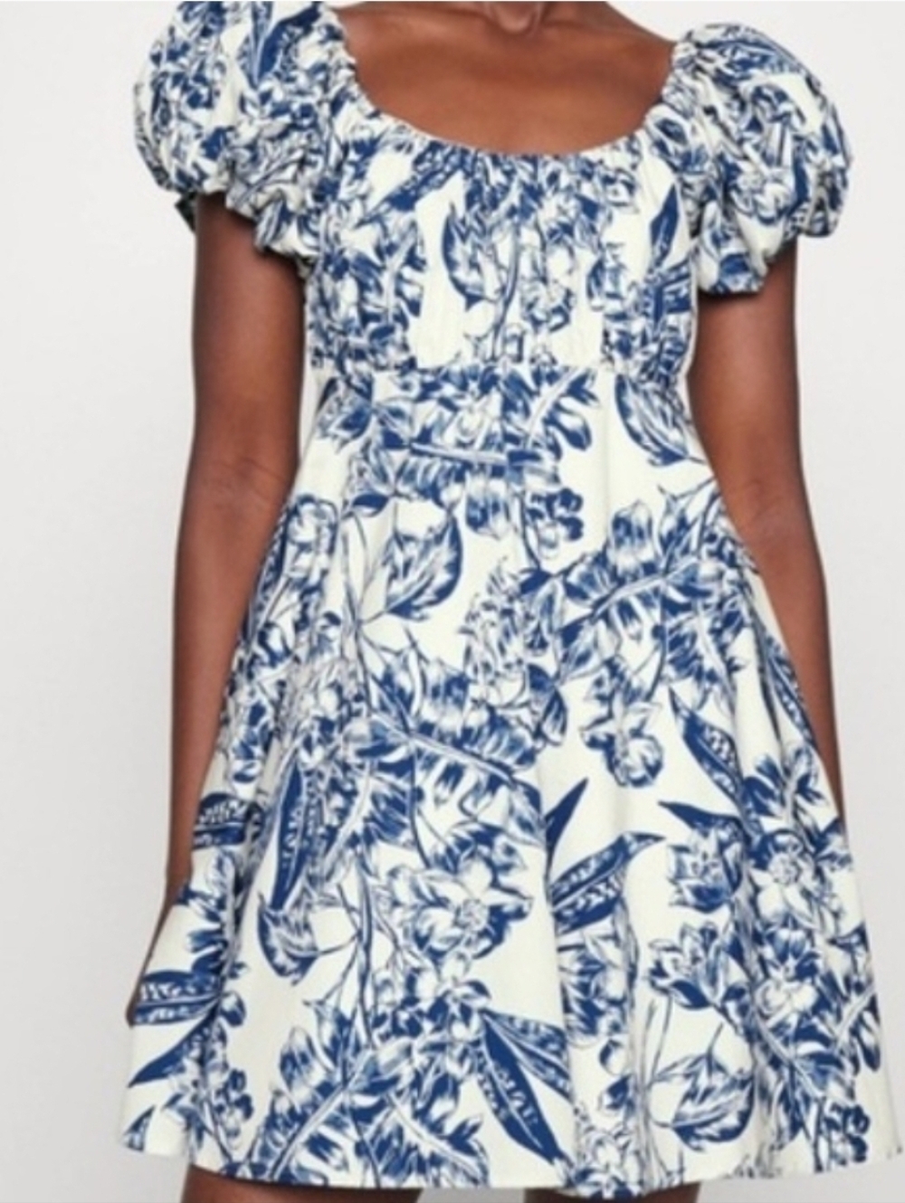 White and Blue Palm Leaf Floral Puff-Sleeve Mini Dress Smocked Bodice